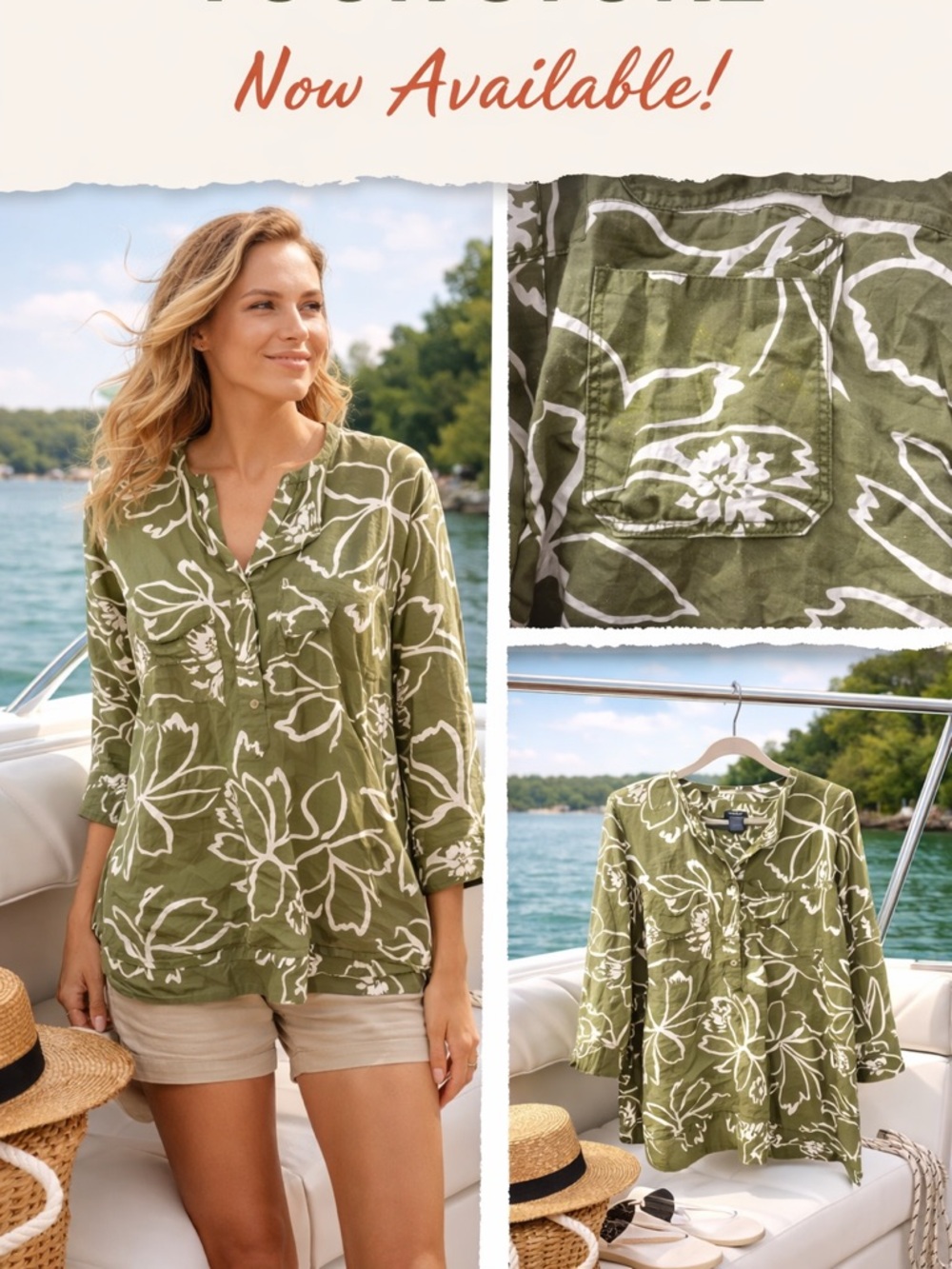 Ann Taylor XL Olive Green Floral Popover Blouse